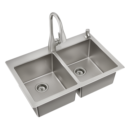 33" x 22" Stainless Steel 18 Gauge Double Bowl Dualmount Sink