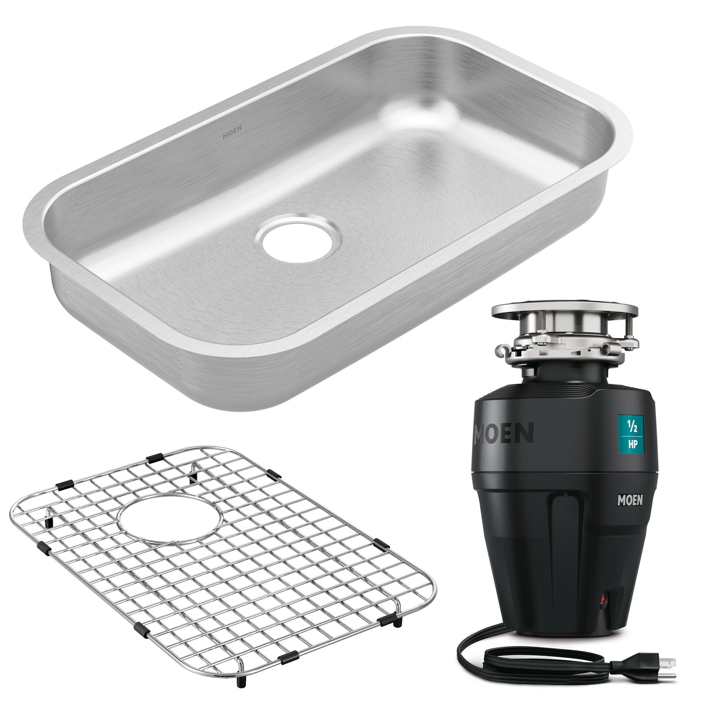 Kitchen Sink Bundle - Single Bowl Sink, Drain Grid, and Garbage Disposal