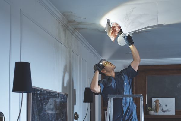 Repairman inspecting whole in ceiling