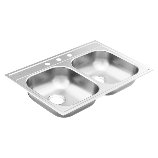 2000 Series 33" x 22" Stainless Steel 20 Gauge Double Bowl Drop In Sink