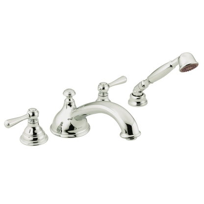 Kingsley Chrome two-handle low arc roman tub faucet includes hand shower