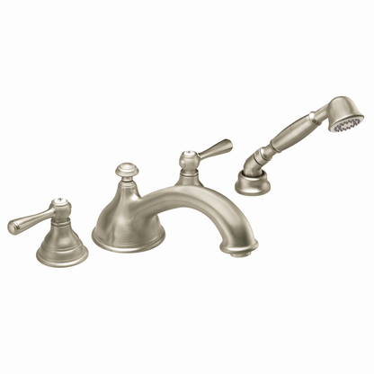 Kingsley Chrome two-handle low arc roman tub faucet includes hand shower