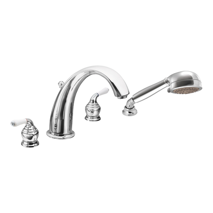 Monticello Chrome two-handle high arc roman tub faucet includes hand shower