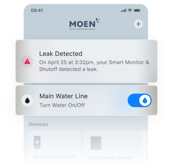 moen app screen showing notification for leak detected and main water line on / off controls